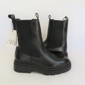 New ZARA Women's Sz 7.5 EU 38 Black Leather Chelsea Chunky Mid-Calf Boots